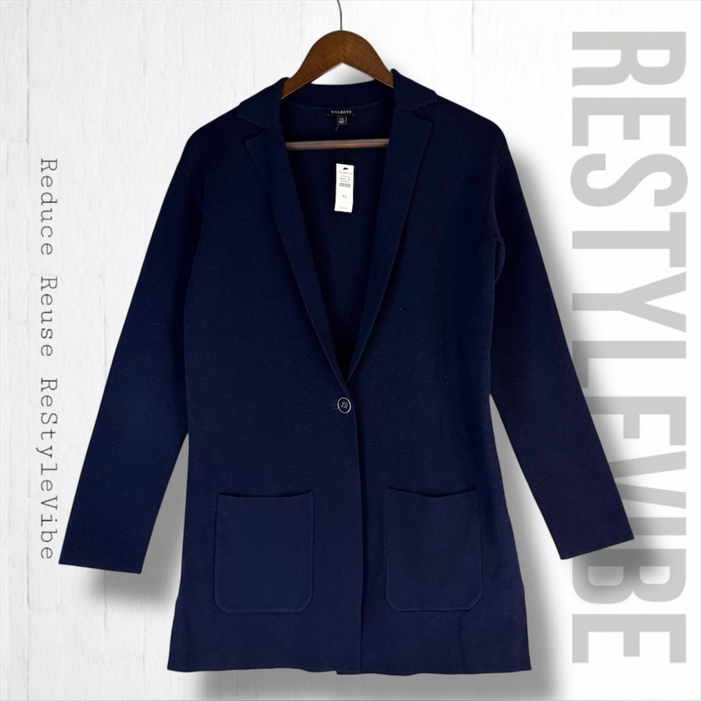 TALBOTS Women’s Size XS Blazer Style Cardigan Sweater Knit NWT Navy Pockets